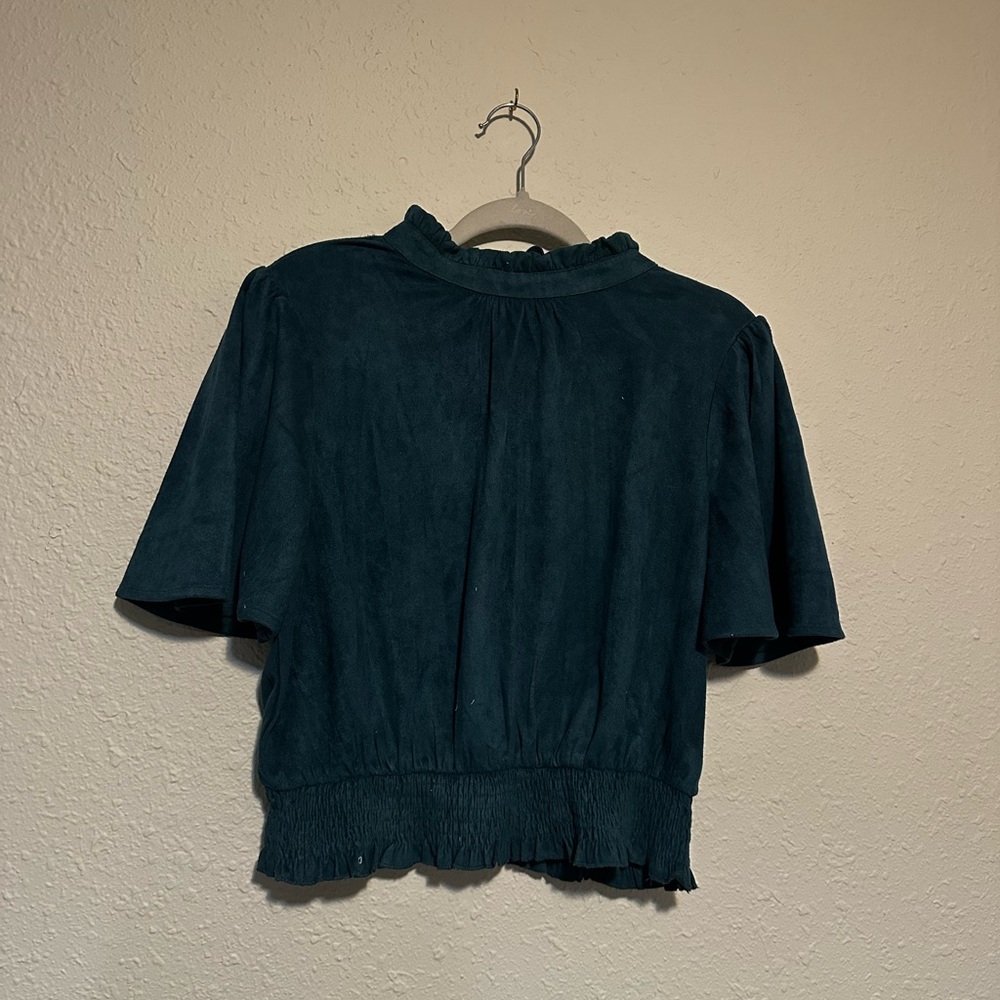 Green Short Sleeve Boxy Blouse with Mandarin Collar